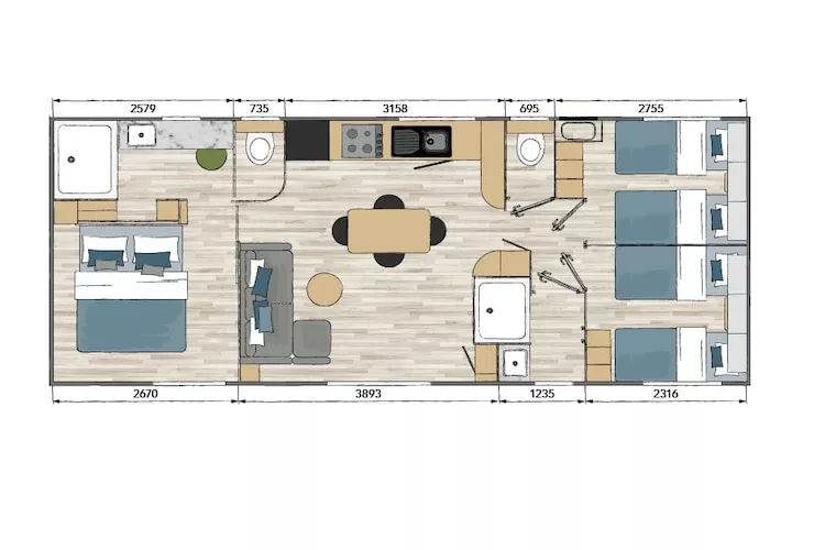 Camping L'Air Marin Vias-Plage  Mobilhome TULUM 3CH-Wohnzimmer