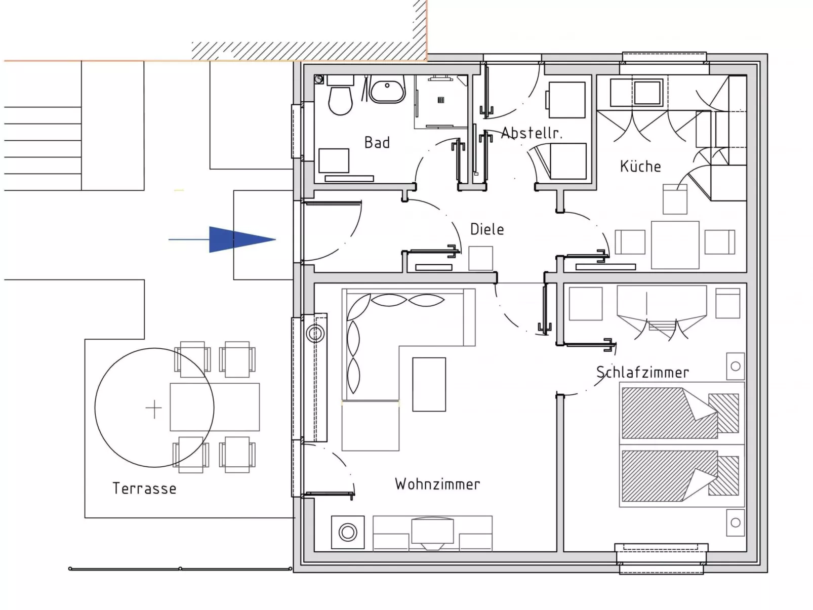 Zentrale Ferienwohnung mit Terrasse - Drinnen
